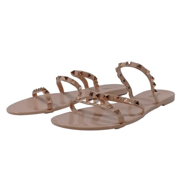 Charlotte Women's NEW Shine Beige Gold Studded Jelly Slip-On Flat Strap Sandal 9 - Picture 4 of 11